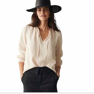 Cloth & stone anthropology tie neck peasant blouse 100% linen cream size small